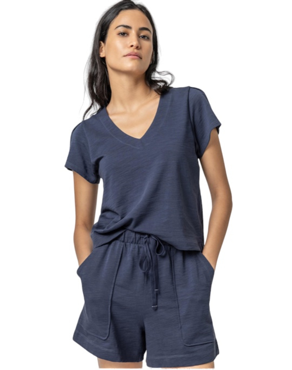 Lilla P Pleated Cap Sleeve V-Neck Tee, Navy - Monkee's of the Village